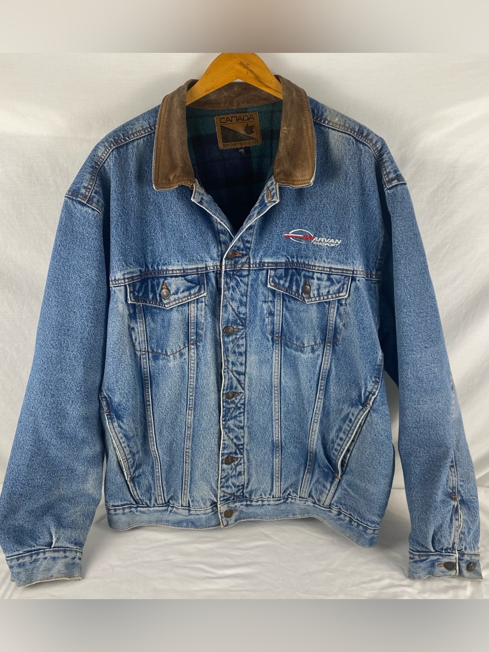 Vintage Canada Sportswear Denim Trucker Jacket Leather Collar Lined XXL